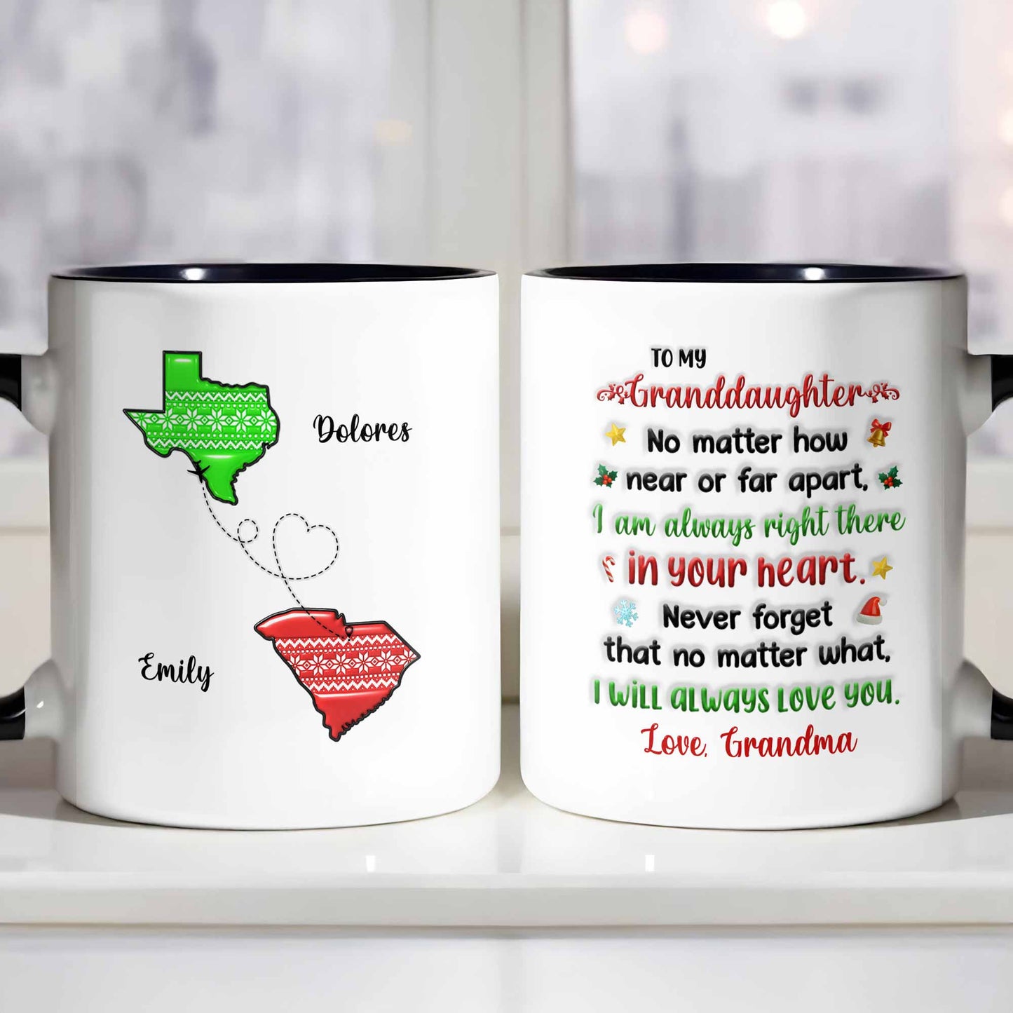 To My Granddaughter, Love Across States Mug With Heart Designs