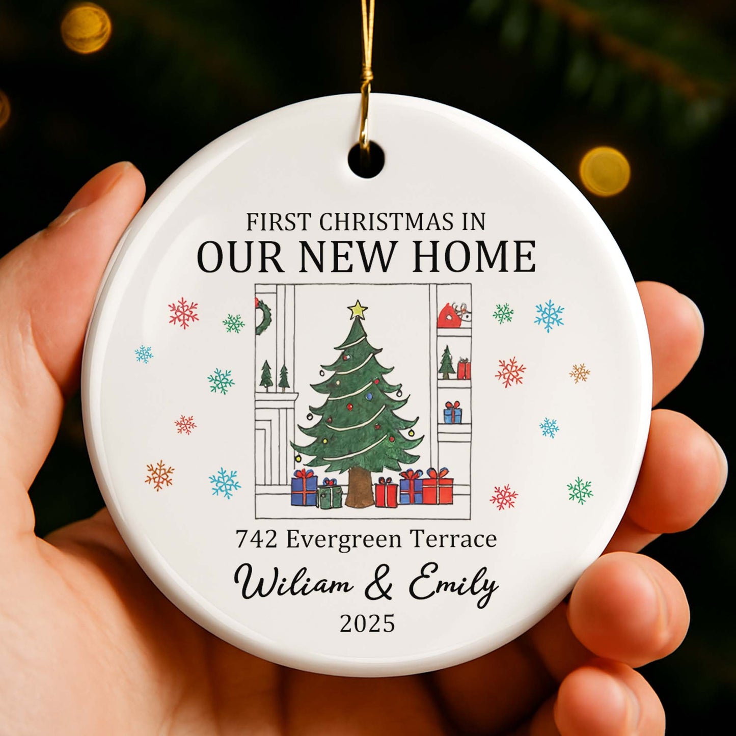 First Christmas In Our New Home With Christmas Tree And Gifts