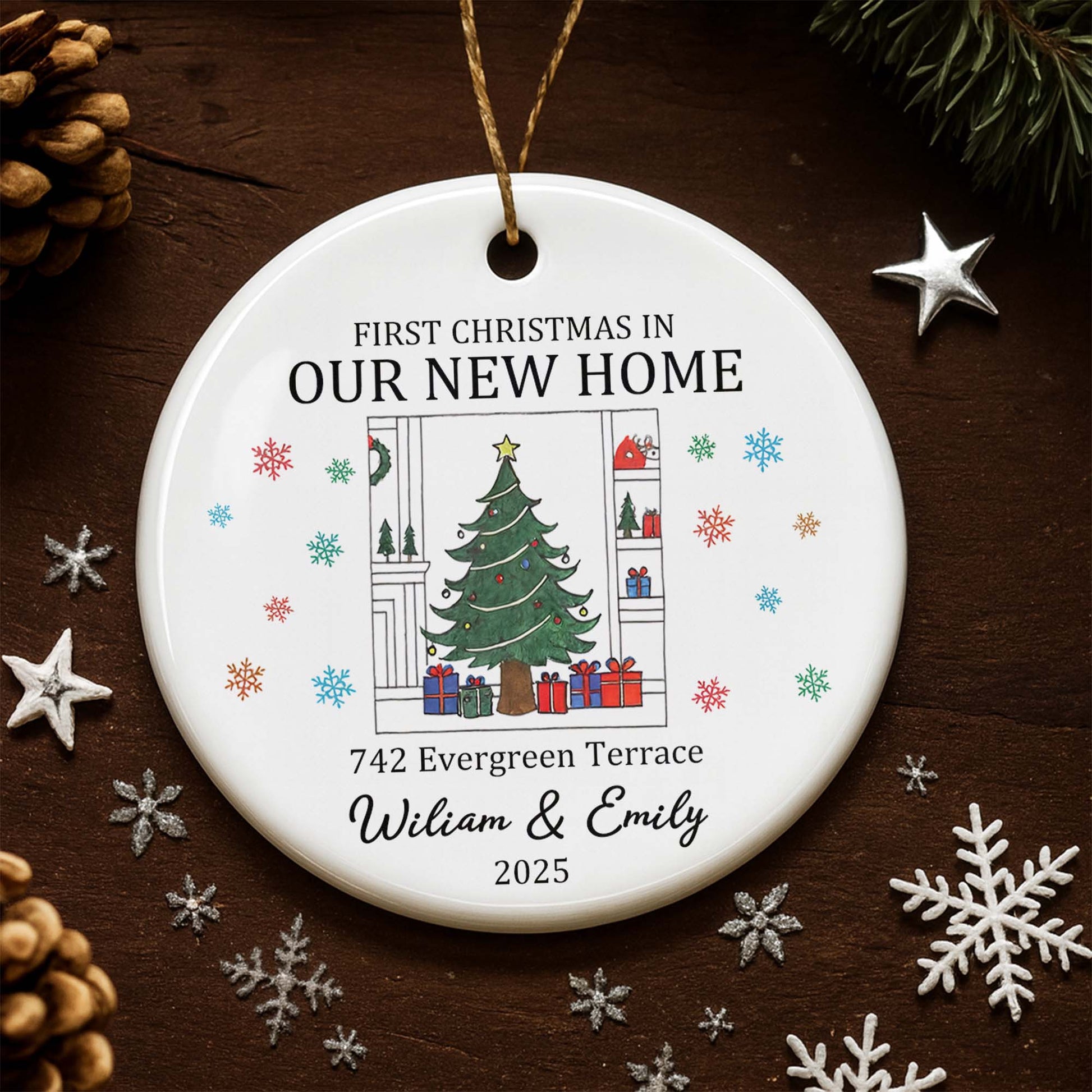 First Christmas In Our New Home With Christmas Tree And Gifts