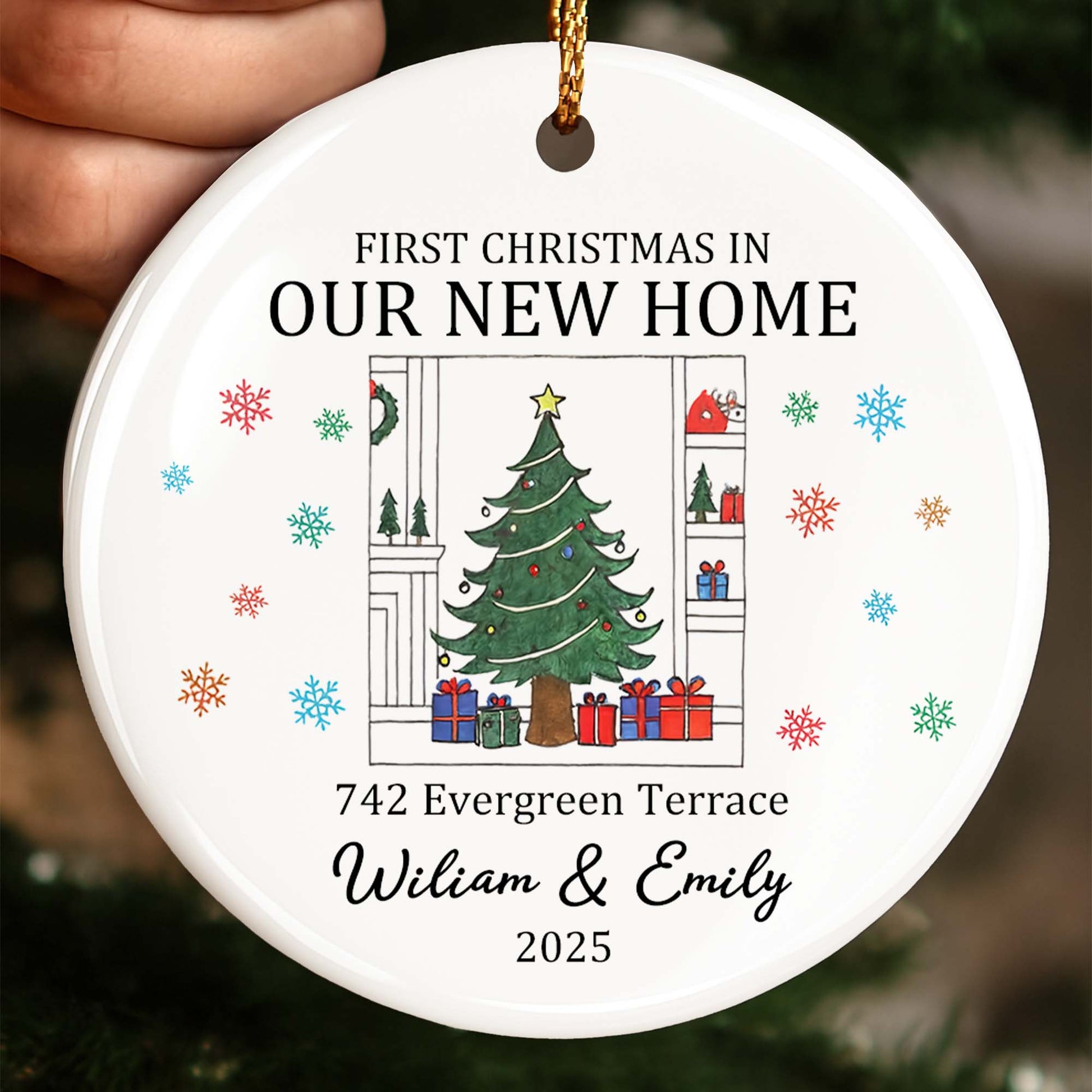 First Christmas In Our New Home With Christmas Tree And Gifts