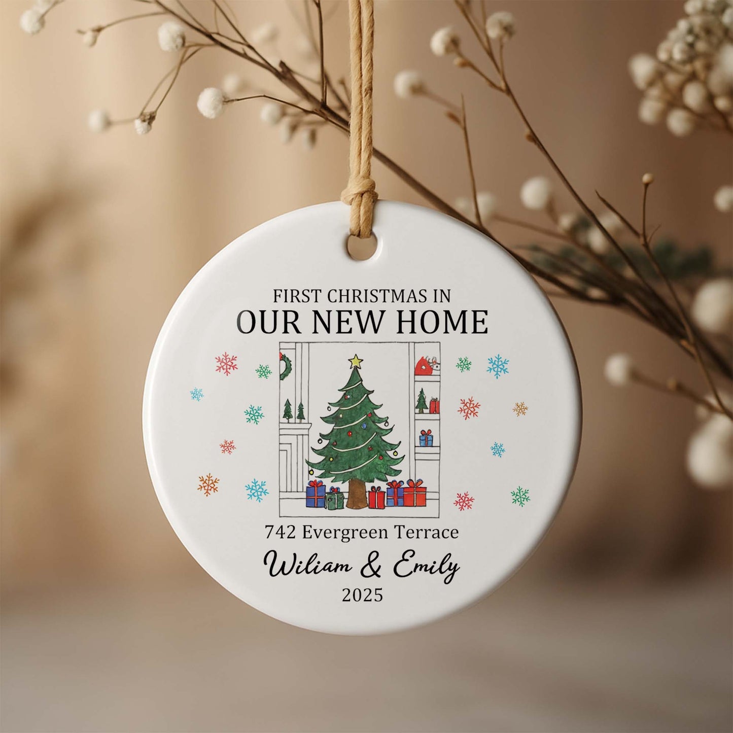 First Christmas In Our New Home With Christmas Tree And Gifts