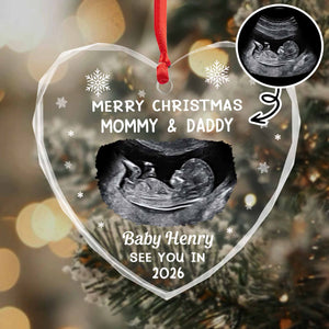 Merry Christmas Mommy And Daddy, Baby Ultrasound Heart Ornament - Personalized Heart Glass Ornament - FAM626_HEGOR