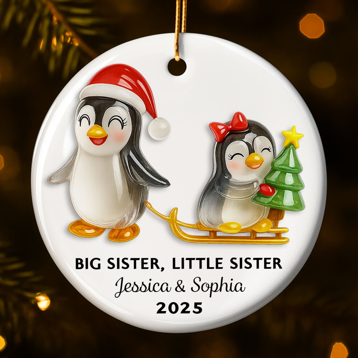 Big Sister Little Sister With Penguins And Christmas Tree