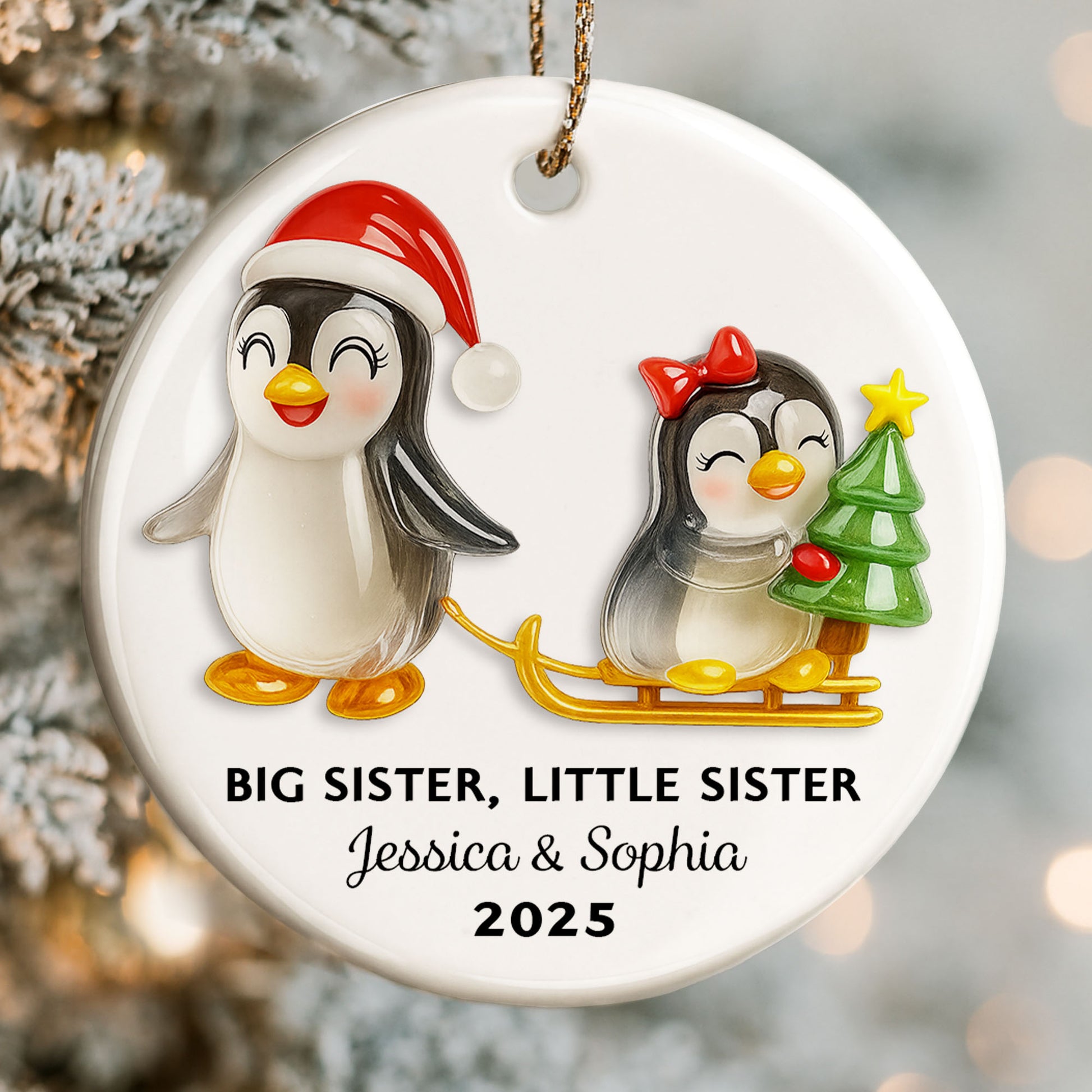 Big Sister Little Sister With Penguins And Christmas Tree