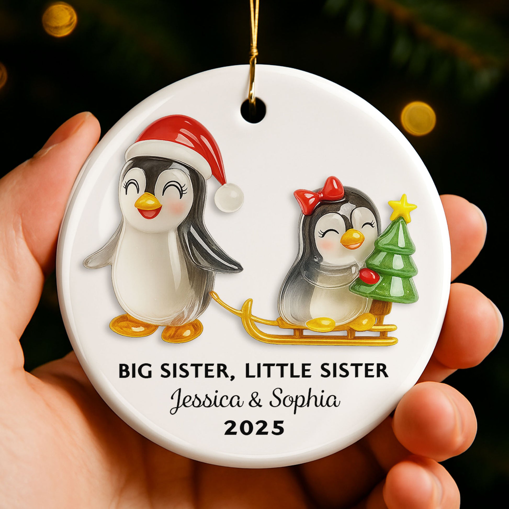 Big Sister Little Sister With Penguins And Christmas Tree