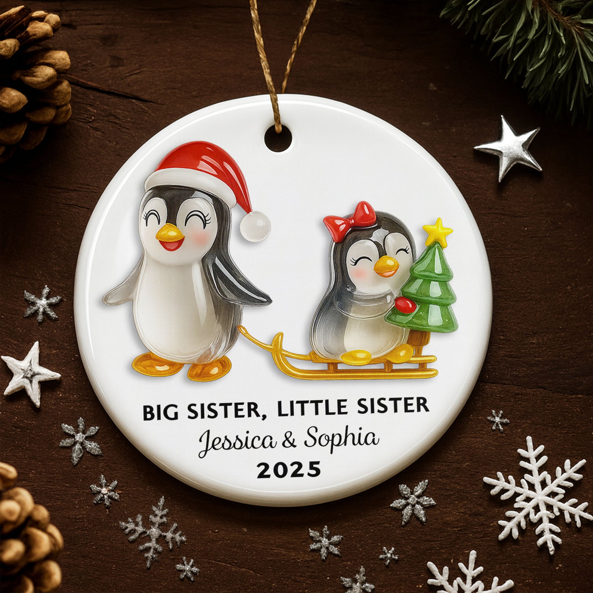 Big Sister Little Sister With Penguins And Christmas Tree
