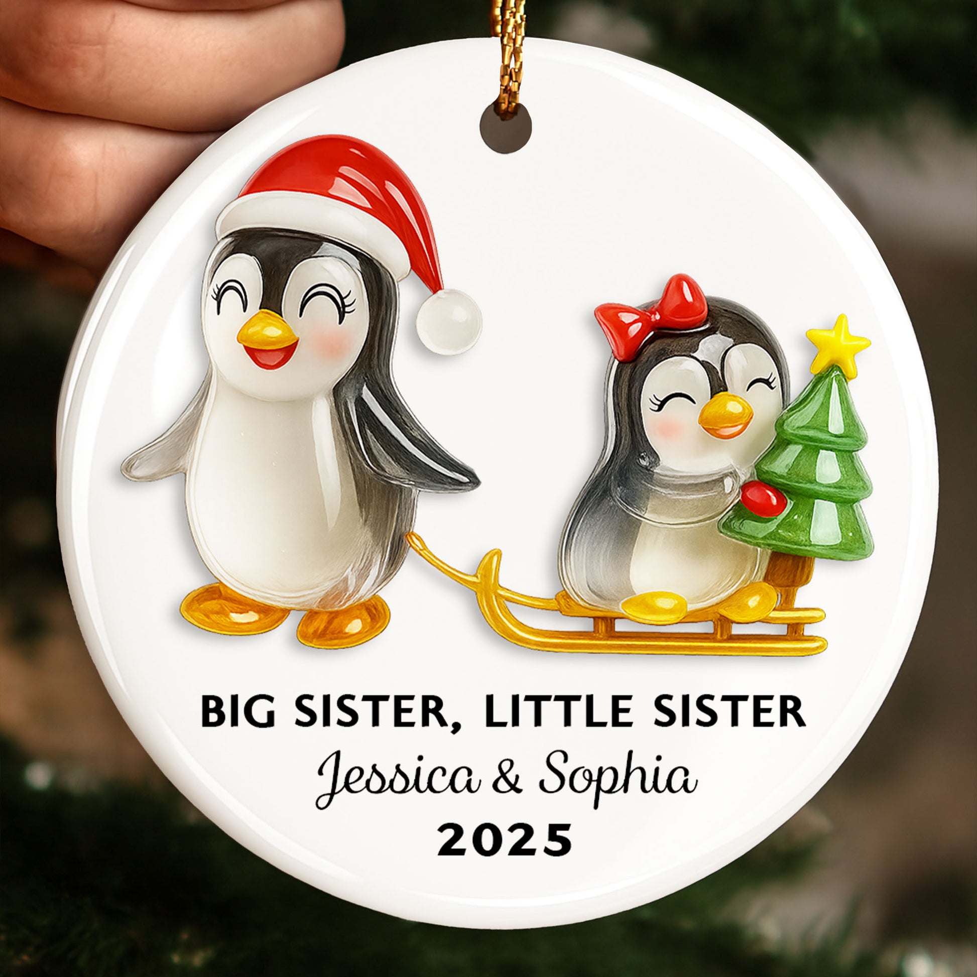 Big Sister Little Sister With Penguins And Christmas Tree