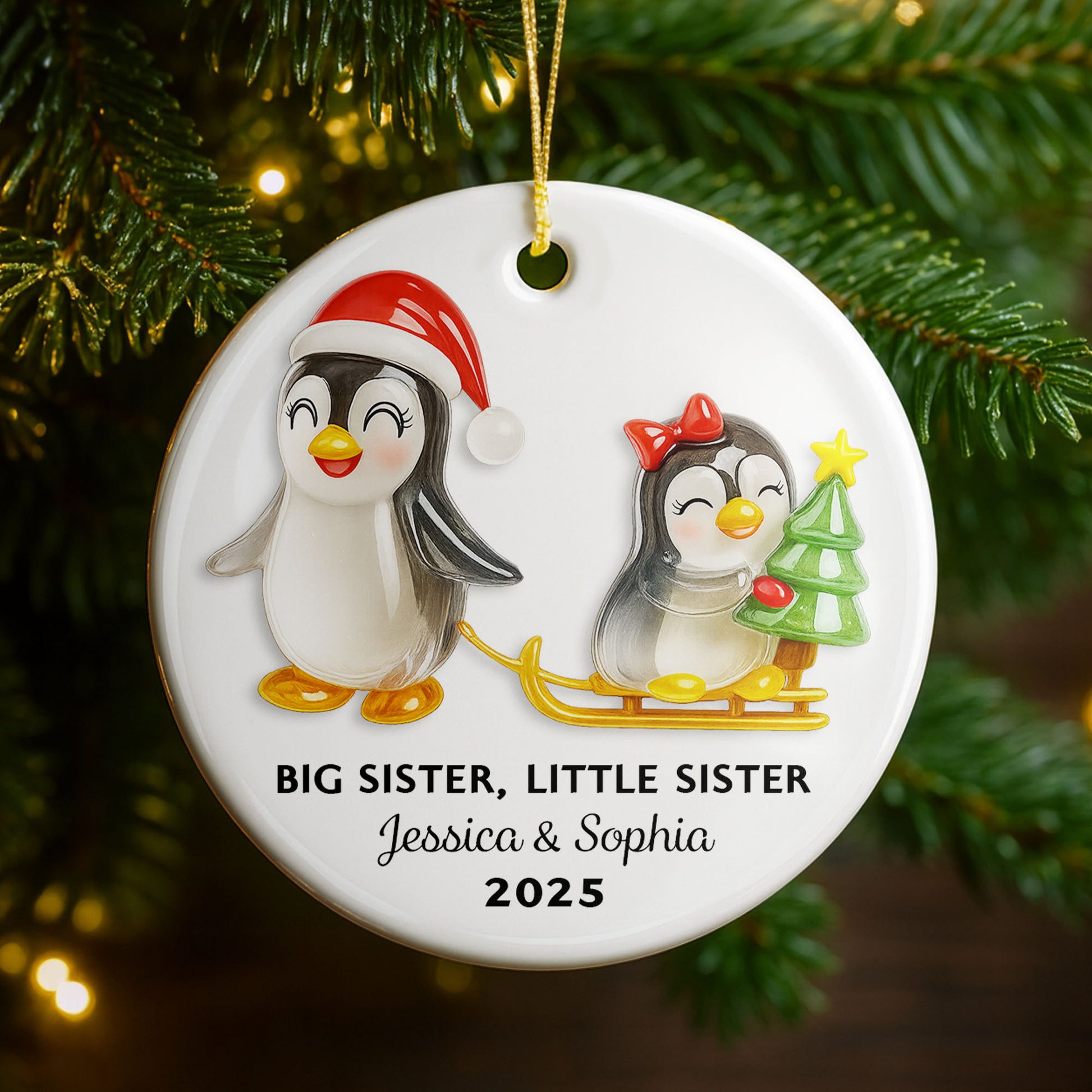 Big Sister Little Sister With Penguins And Christmas Tree