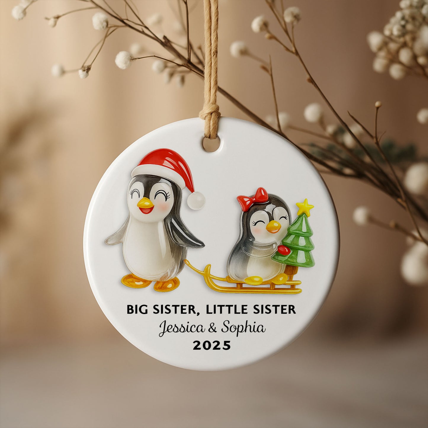 Big Sister Little Sister With Penguins And Christmas Tree