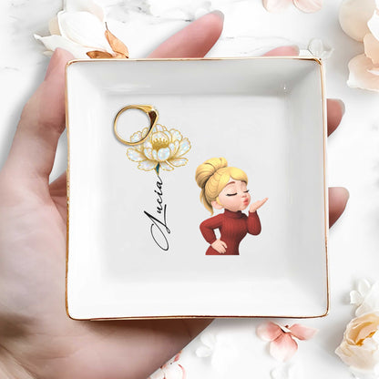 Square Ceramic Dish With Flower And Girl Blowing A Kiss