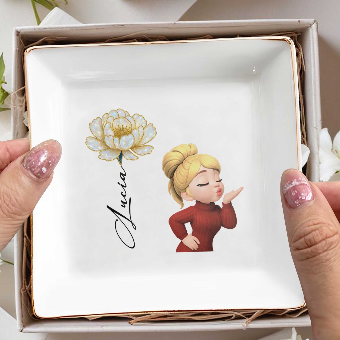 Square Ceramic Dish With Flower And Girl Blowing A Kiss