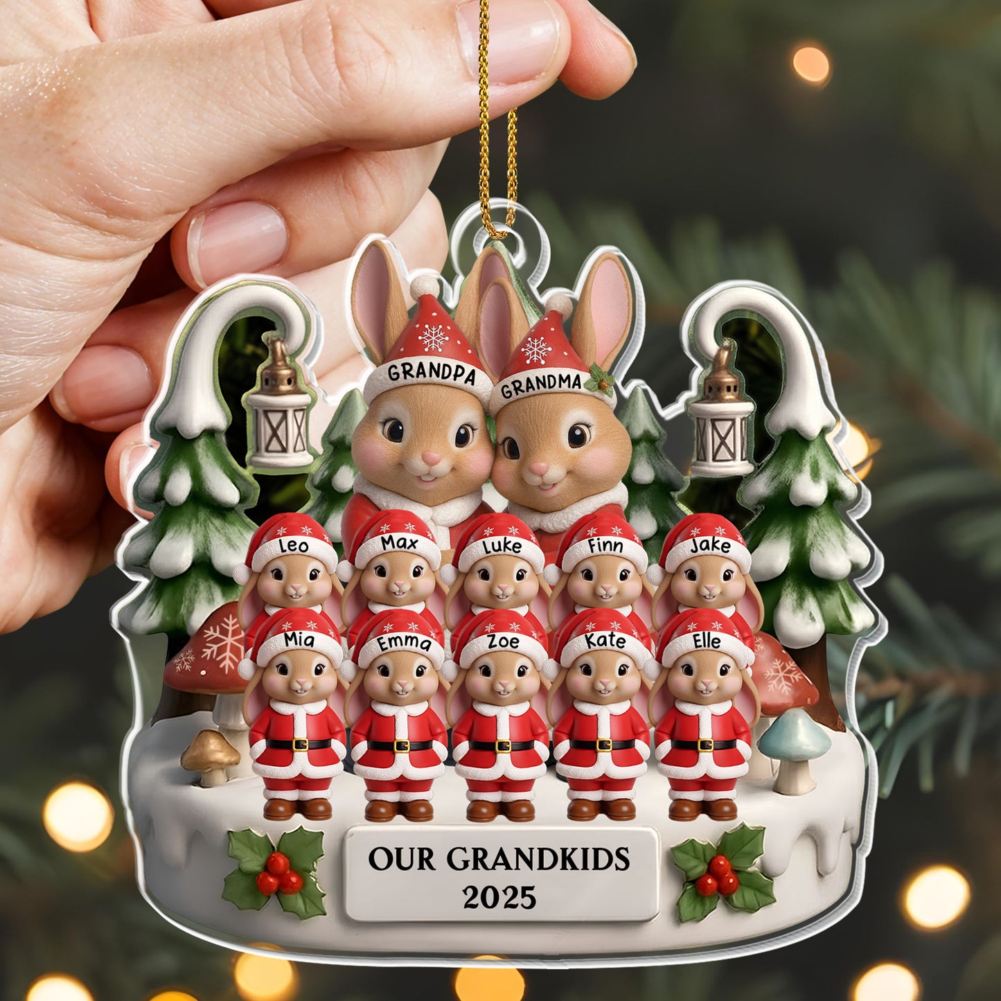 Our Grandkids With Bunnies And Elves - Personalized Custom Acrylic Ornament, Christmas Gift - FAM660_ACO