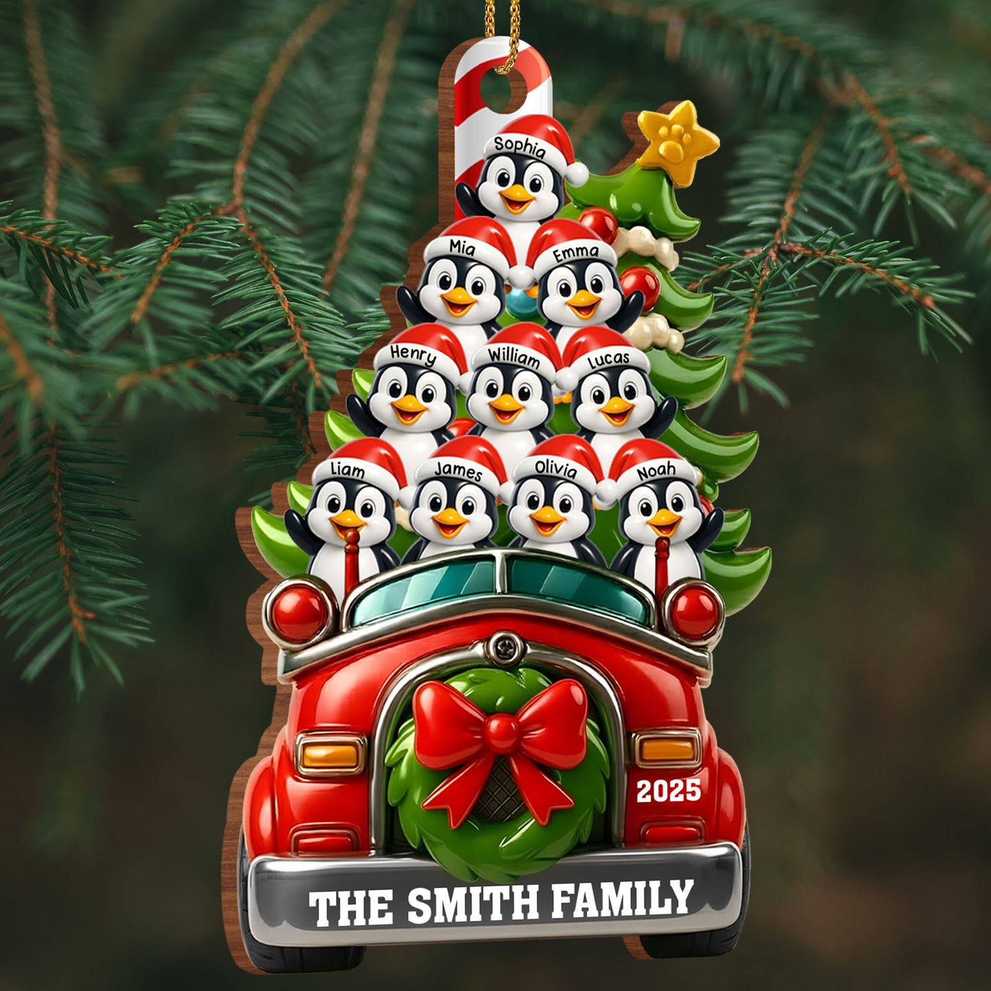 Christmas Joy With Festive Ride And Penguins - Personalized Custom Wood Ornament, Custom Shaped - FAM666_WDO