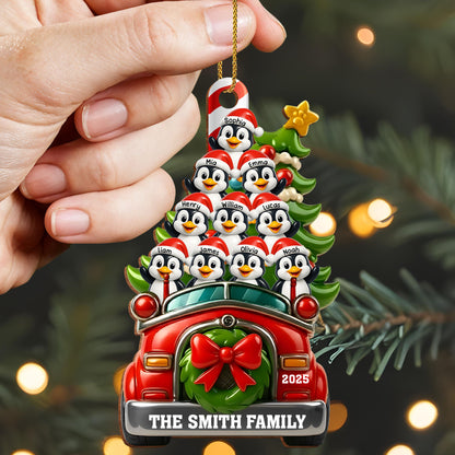 Christmas Joy With Festive Ride And Penguins - Personalized Custom Wood Ornament, Custom Shaped - FAM666_WDO