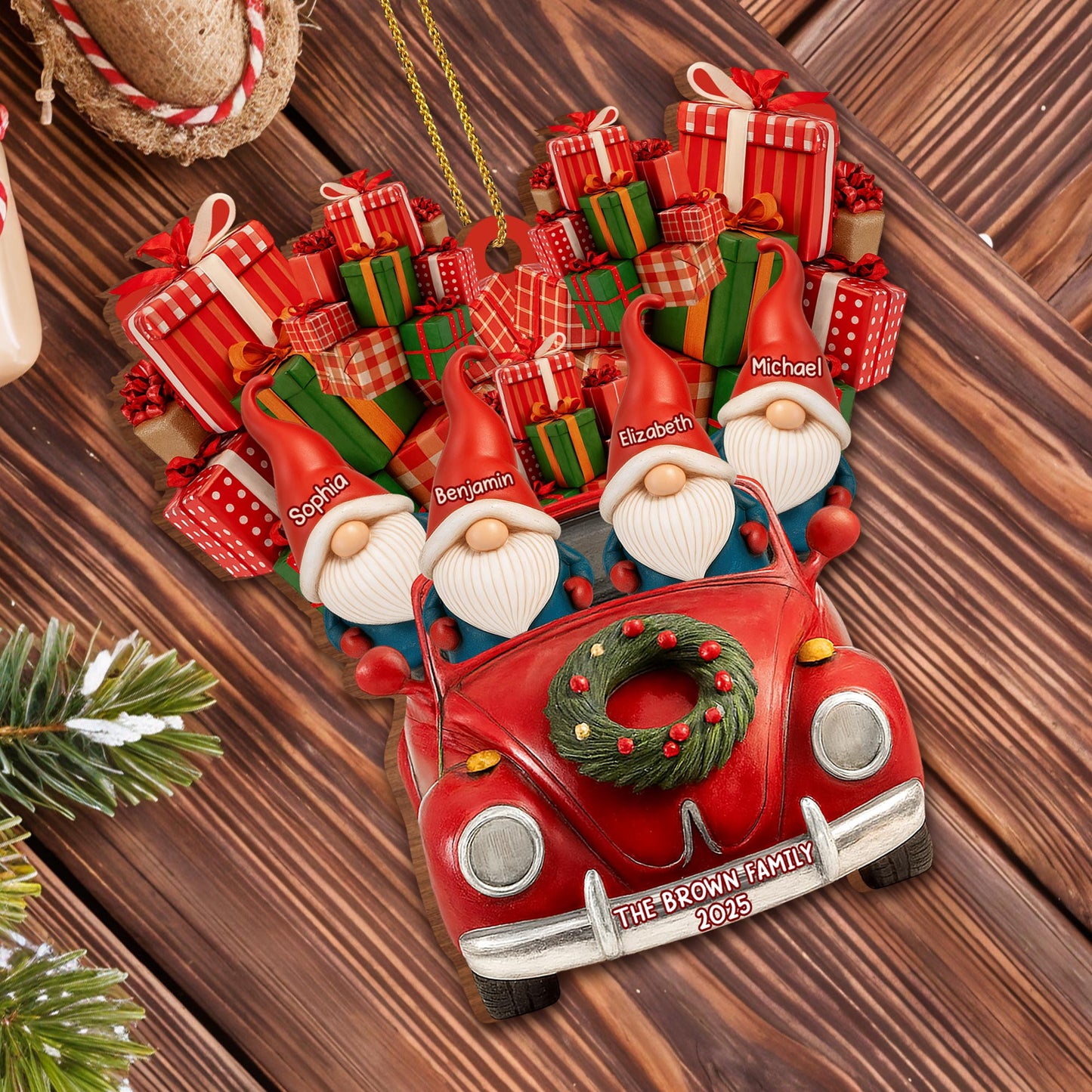Family Christmas Ornaments With Santa Hats And Red Car