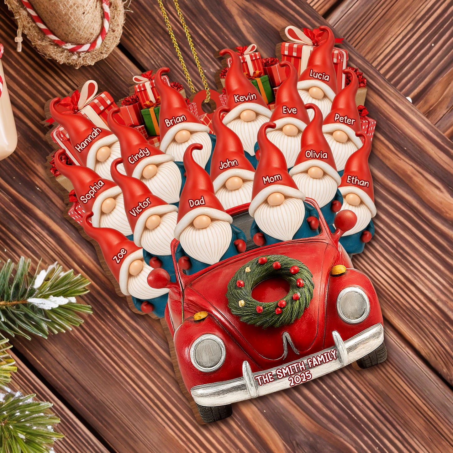 Family Christmas Ornaments With Santa Hats And Red Car
