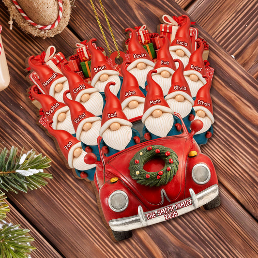 Family Christmas Ornaments With Santa Hats And Red Car
