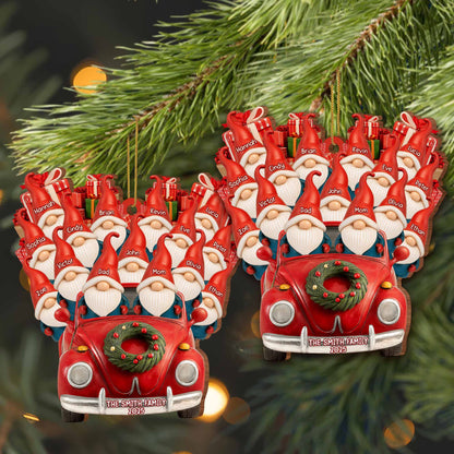 Family Christmas Ornaments With Santa Hats And Red Car
