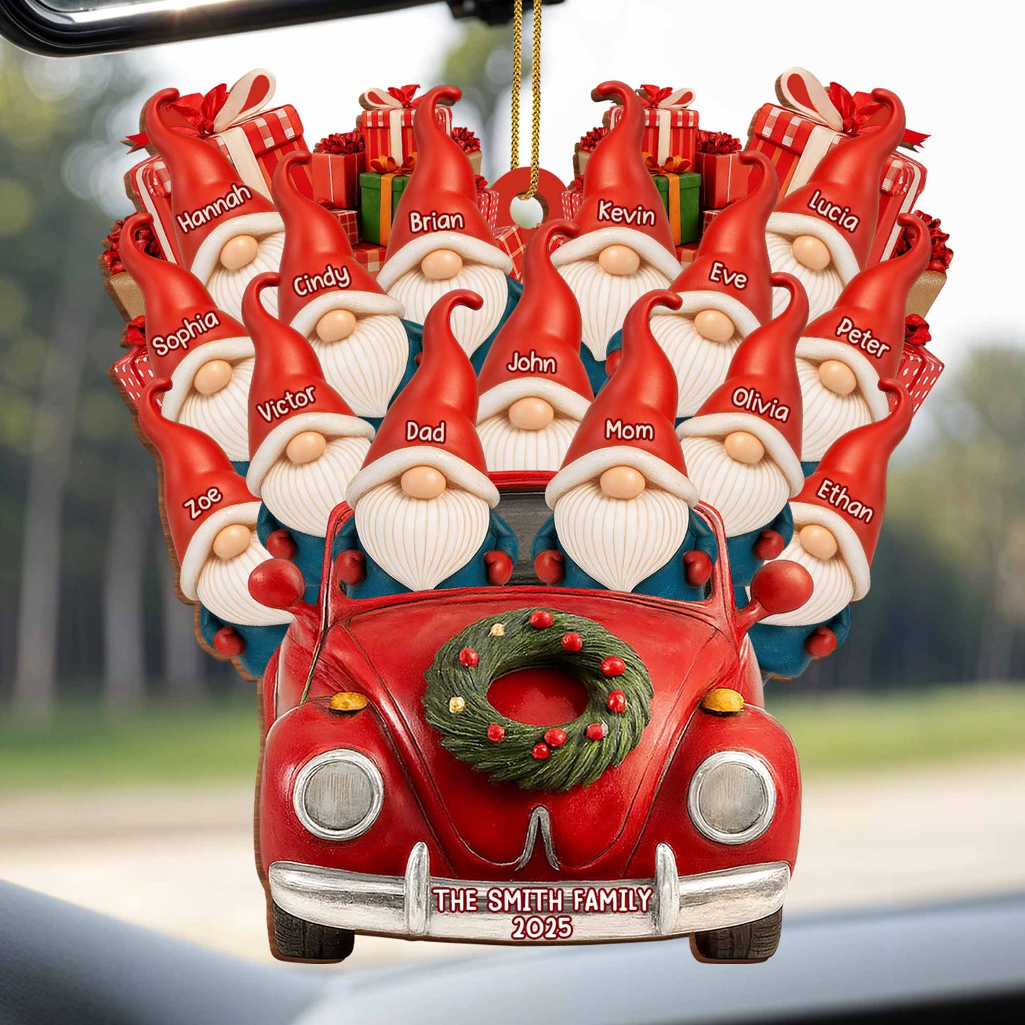 Family Christmas Ornaments With Santa Hats And Red Car