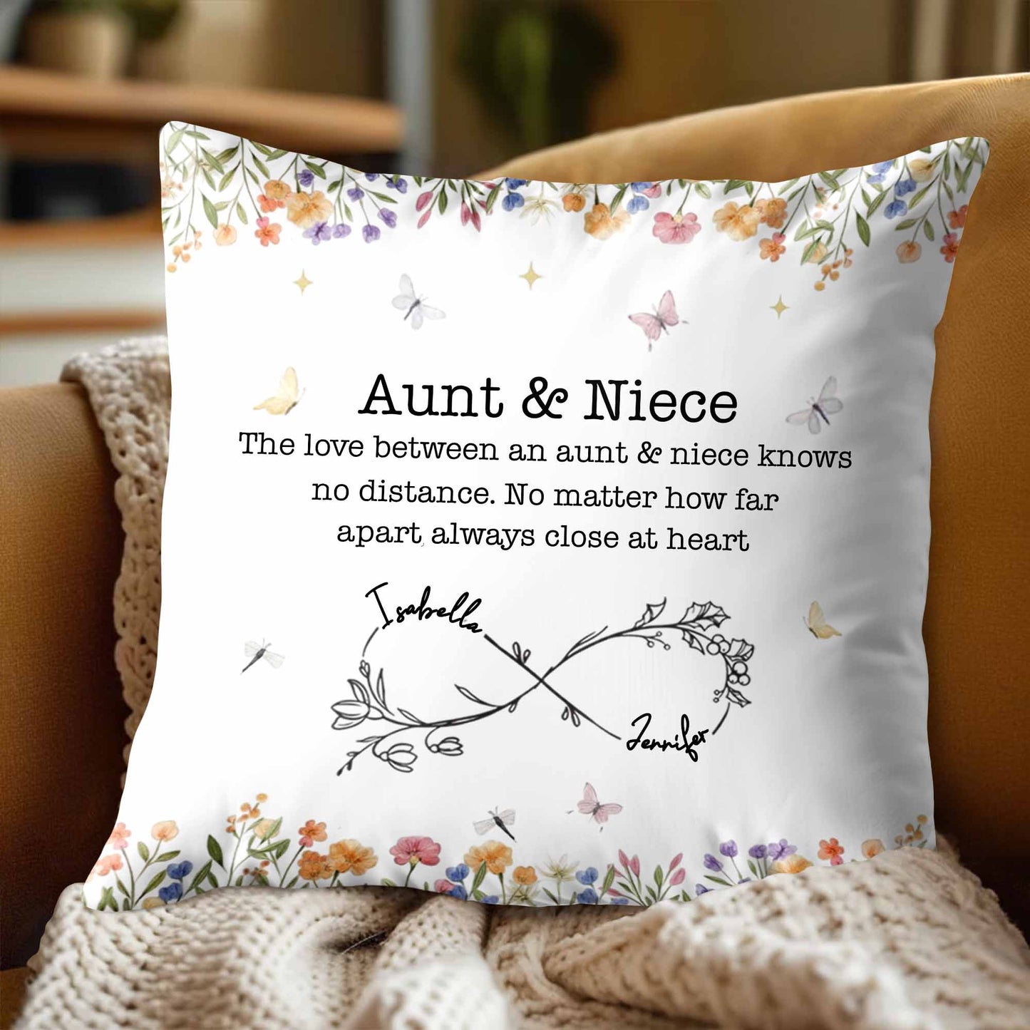 Love Between Aunt & Niece, Flowers and Butterflies Pillow