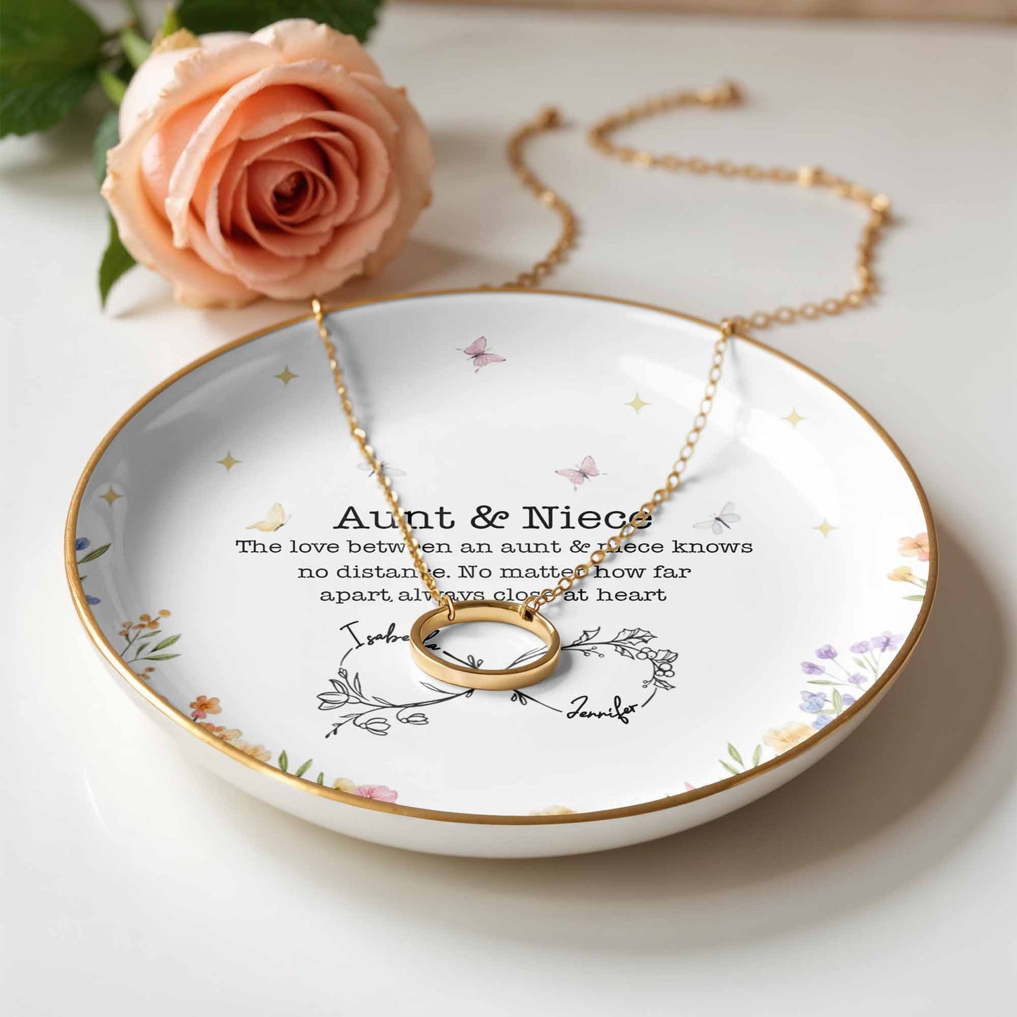 Love Between Aunt & Niece, Floral And Butterfly Design