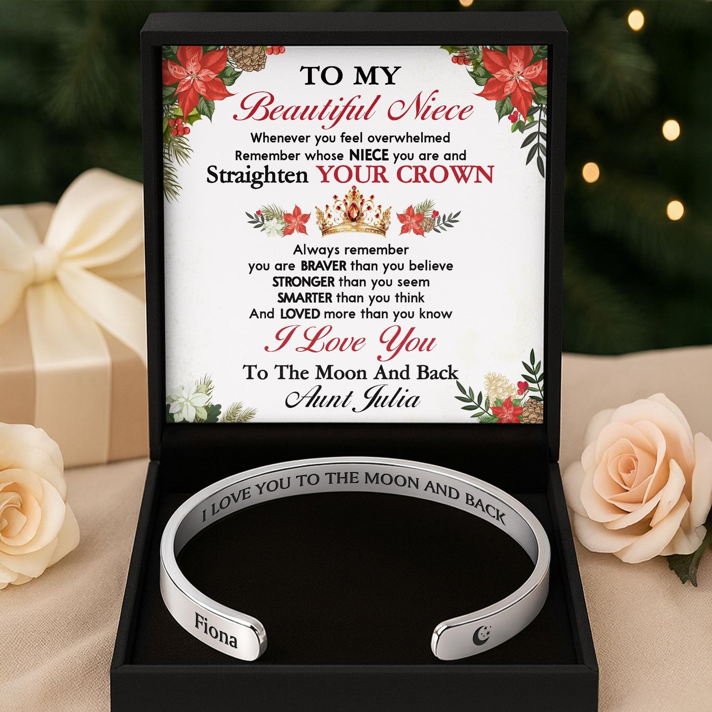 I Love You To The Moon And Back With Moon And Floral Elements - Personalized Bracelet Cuff With Custom Message Card - FAM760_CUFB