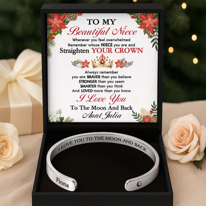 I Love You To The Moon And Back With Moon And Floral Elements - Personalized Bracelet Cuff With Custom Message Card - FAM760_CUFB