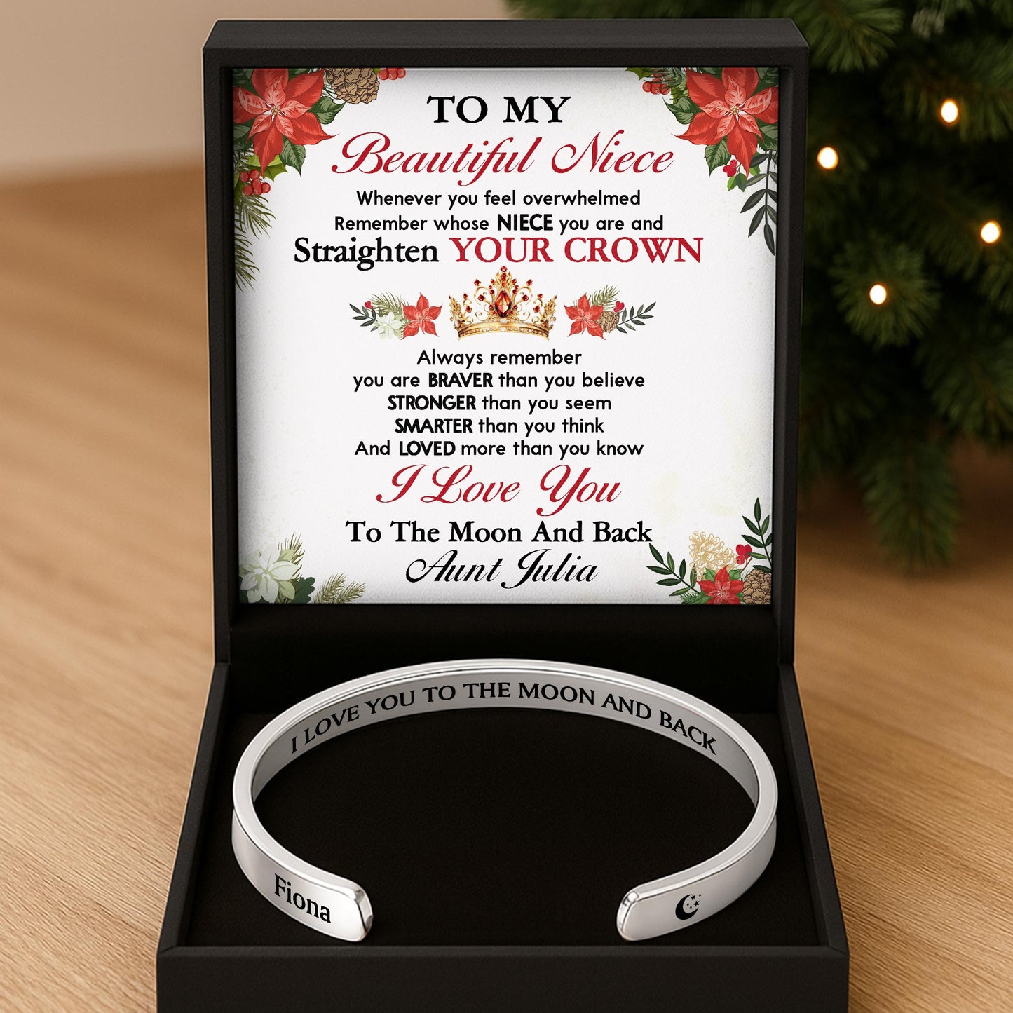 I Love You To The Moon And Back With Moon And Floral Elements - Personalized Bracelet Cuff With Custom Message Card - FAM760_CUFB