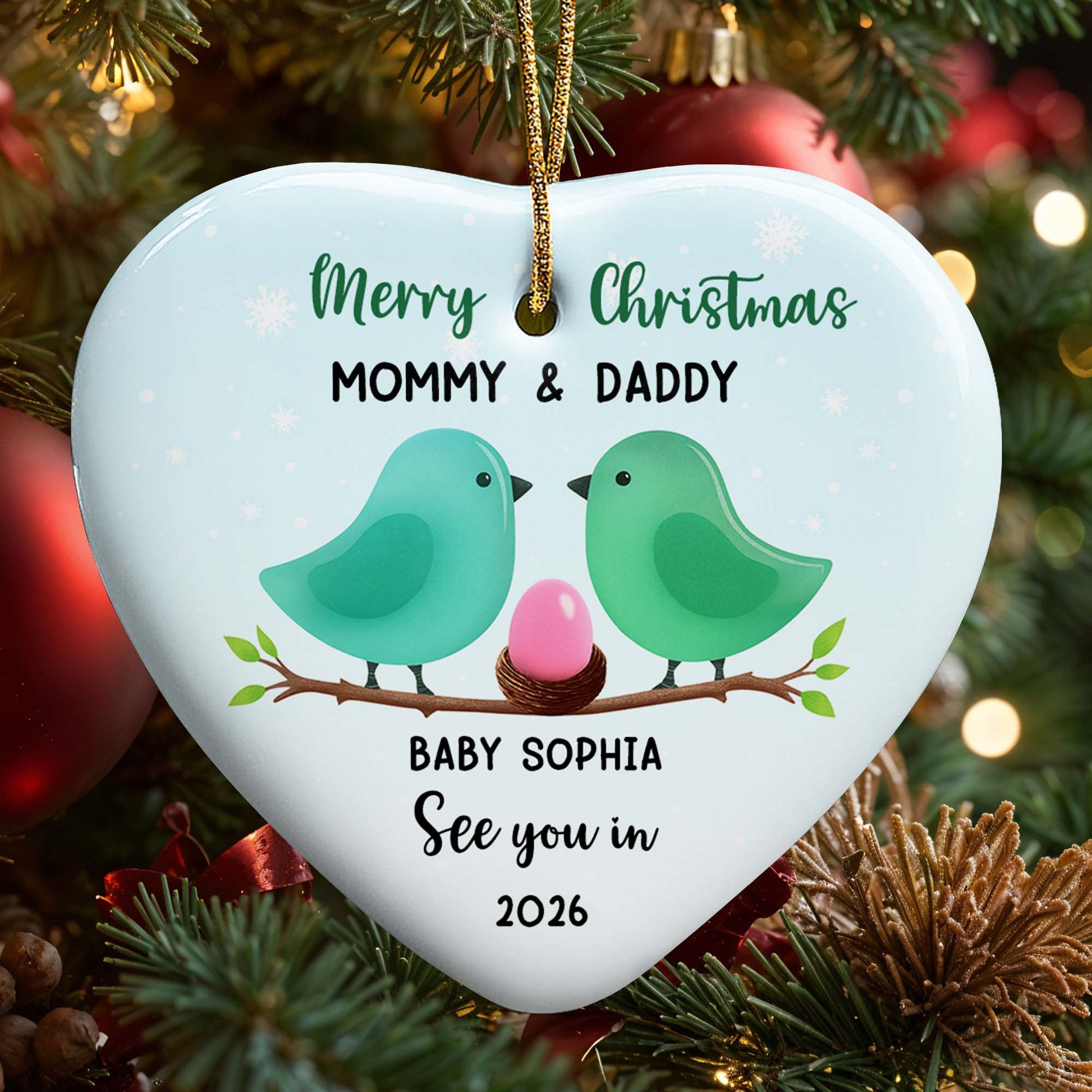 Merry Christmas Mommy And Daddy With Birds And Egg