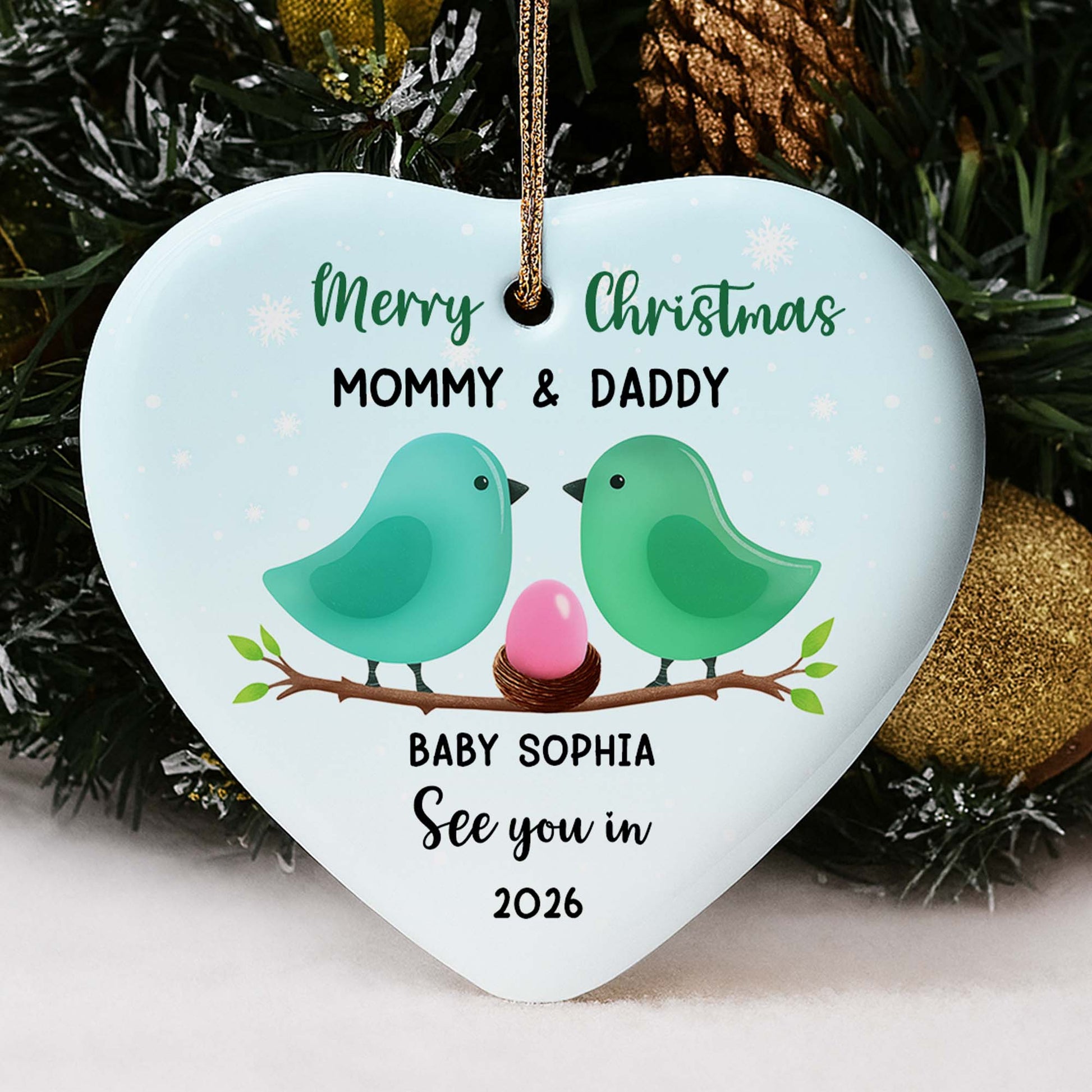 Merry Christmas Mommy And Daddy With Birds And Egg