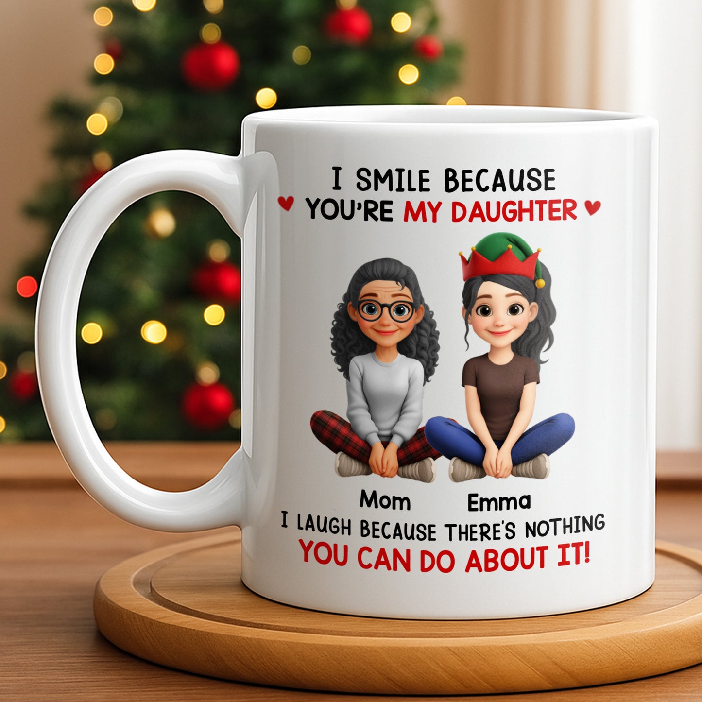 I Smile Because You're My Daughter, Cartoon Figures and Christmas Sweaters - Personalized Custom Coffee Mug - FAM770_MG