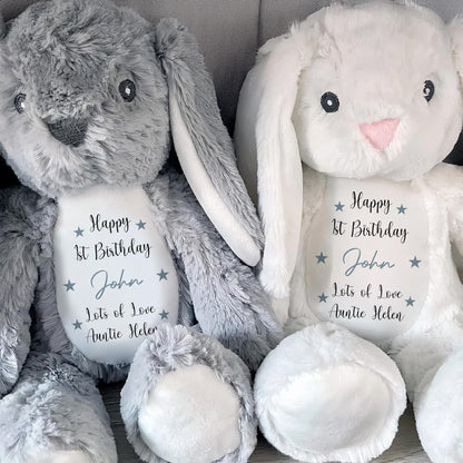 Happy 1st Birthday, Lots Of Love, Stuffed Bunny With Stars