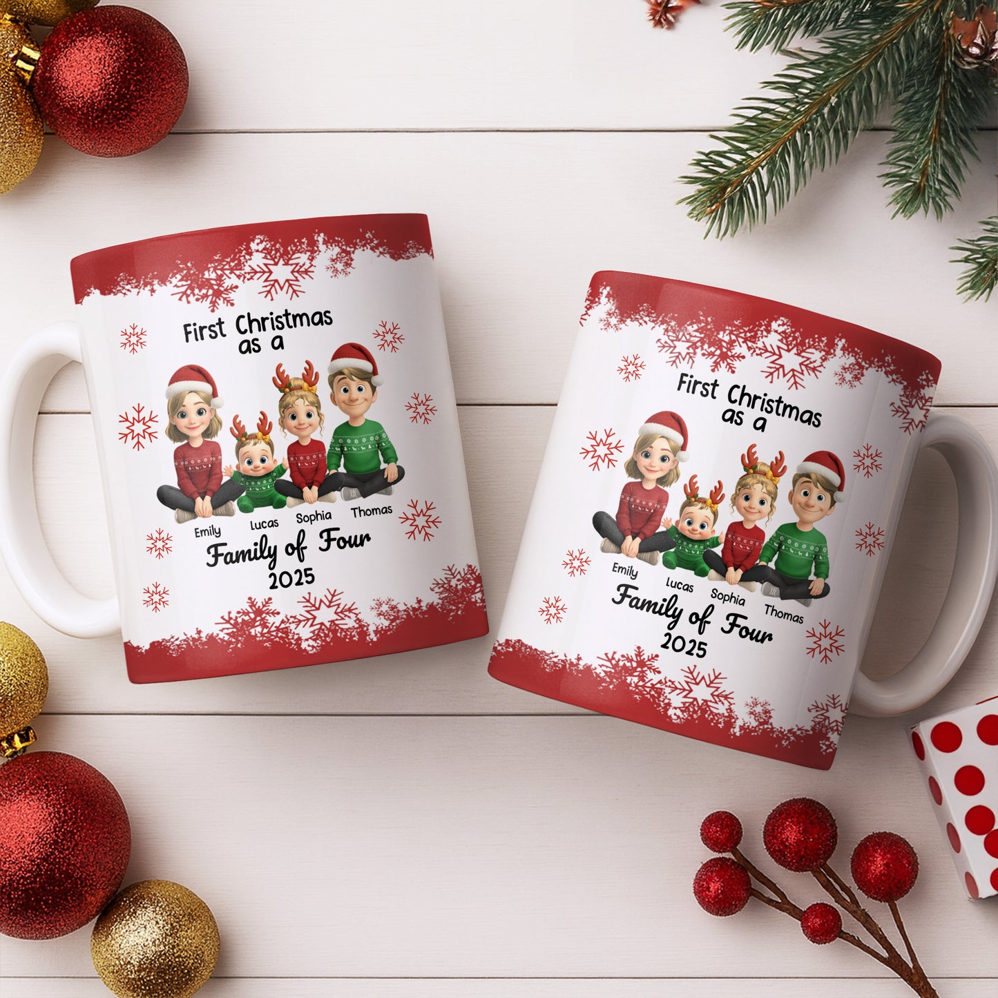 First Christmas As A Family Of Four With Snowflakes