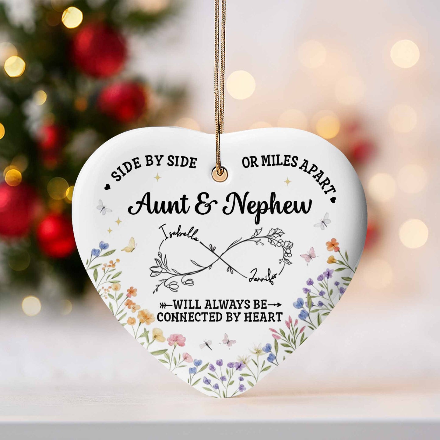 Side By Side Or Miles Apart, Heart Shape With Floral Design - Personalized Custom Ceramic Ornament With Heart Shape - FAM778_HCE