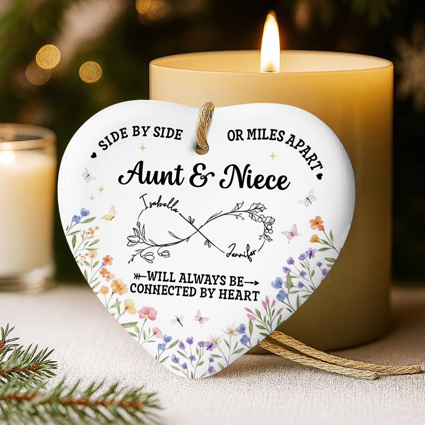 Side By Side Or Miles Apart, Heart Shape With Floral Design - Personalized Custom Ceramic Ornament With Heart Shape - FAM778_HCE