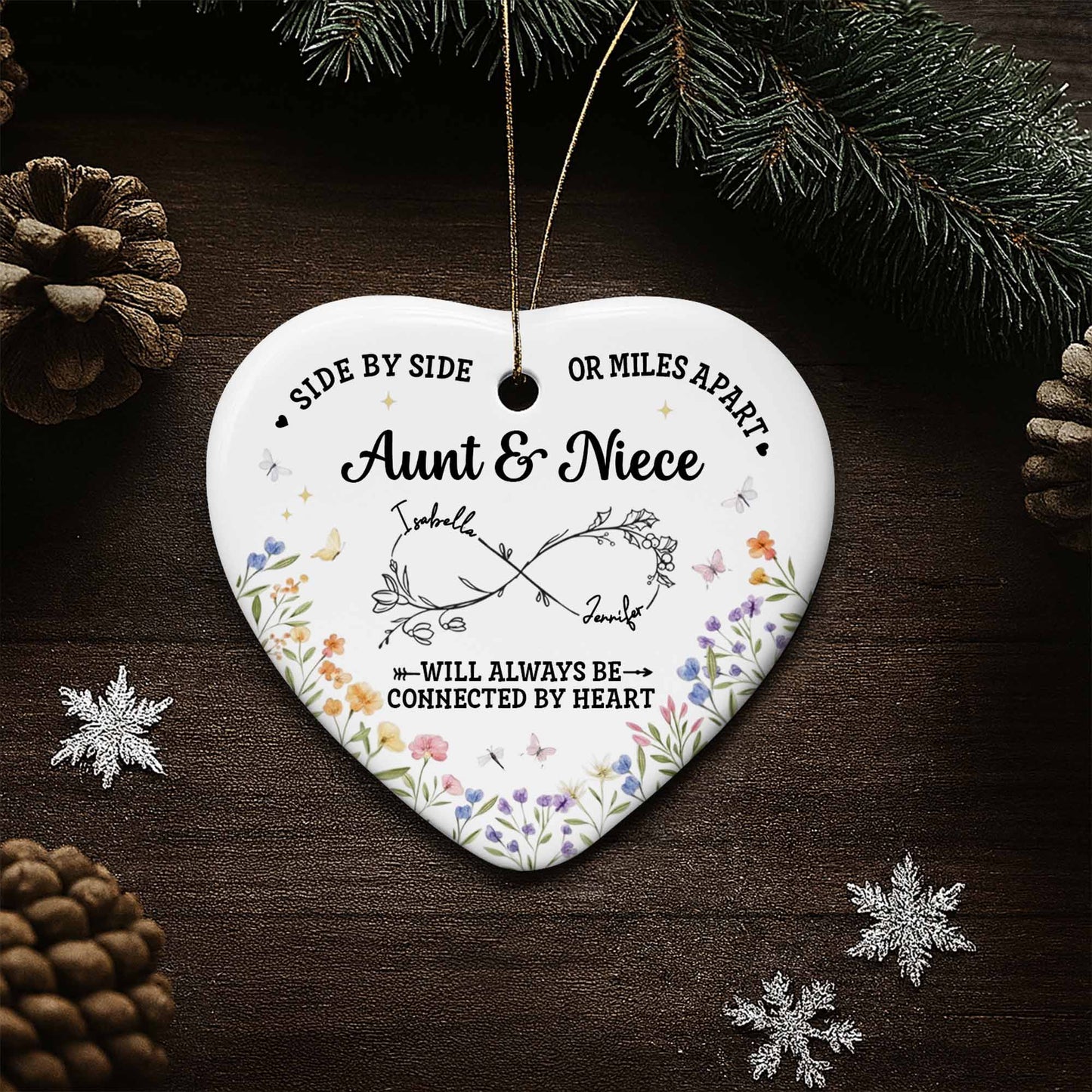 Side By Side Or Miles Apart, Heart Shape With Floral Design - Personalized Custom Ceramic Ornament With Heart Shape - FAM778_HCE