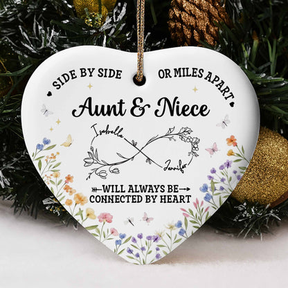 Side By Side Or Miles Apart, Heart Shape With Floral Design - Personalized Custom Ceramic Ornament With Heart Shape - FAM778_HCE