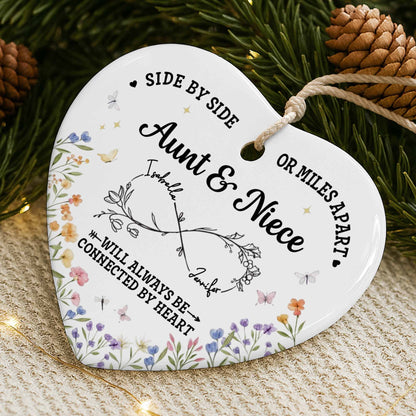 Side By Side Or Miles Apart, Heart Shape With Floral Design - Personalized Custom Ceramic Ornament With Heart Shape - FAM778_HCE