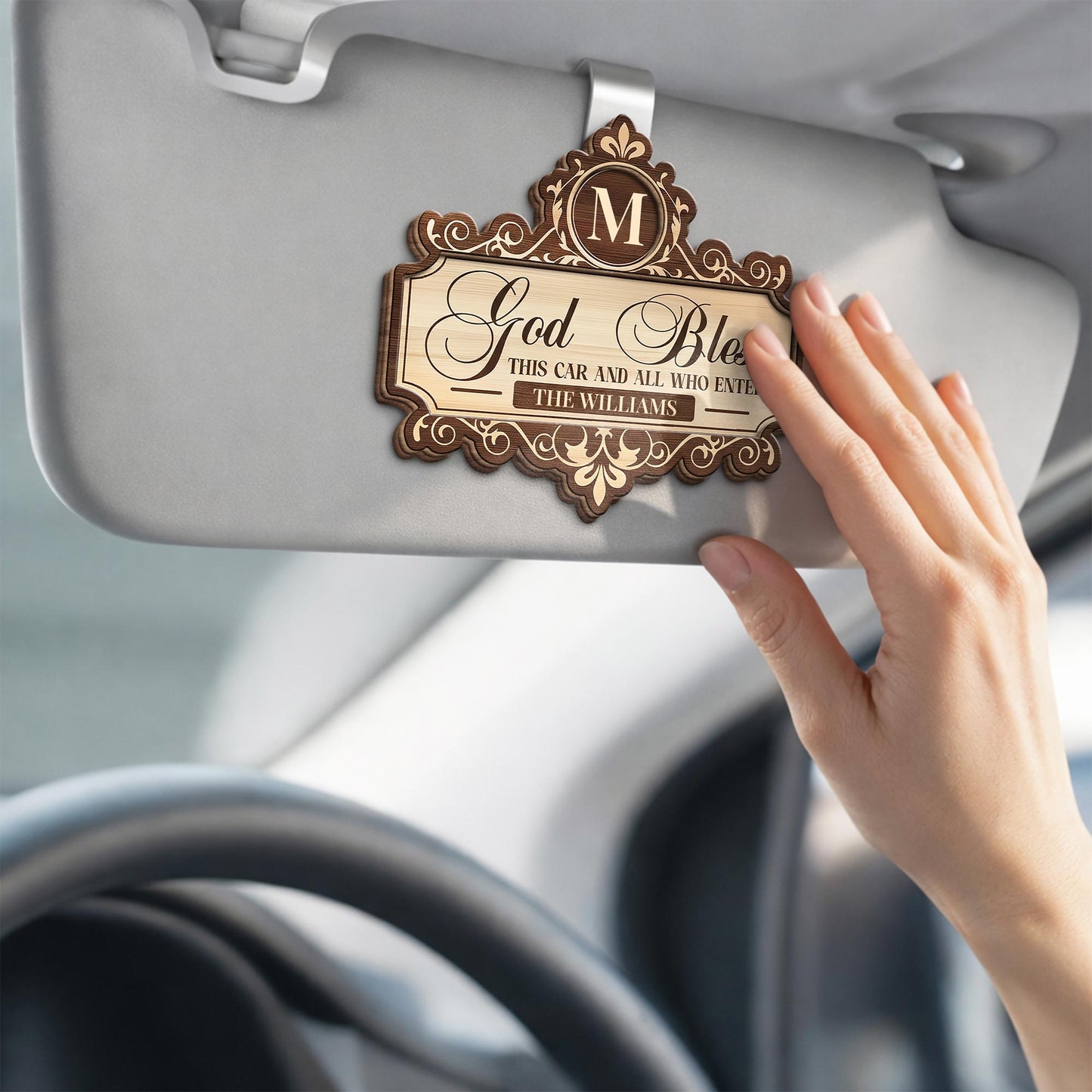 God Bless This Car And All Who Enter, Floral Crown Monogram - Personalized Custom Shaped Car Visor Clip - FAM799_VIS