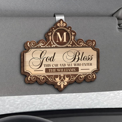 God Bless This Car And All Who Enter, Floral Crown Monogram - Personalized Custom Shaped Car Visor Clip - FAM799_VIS