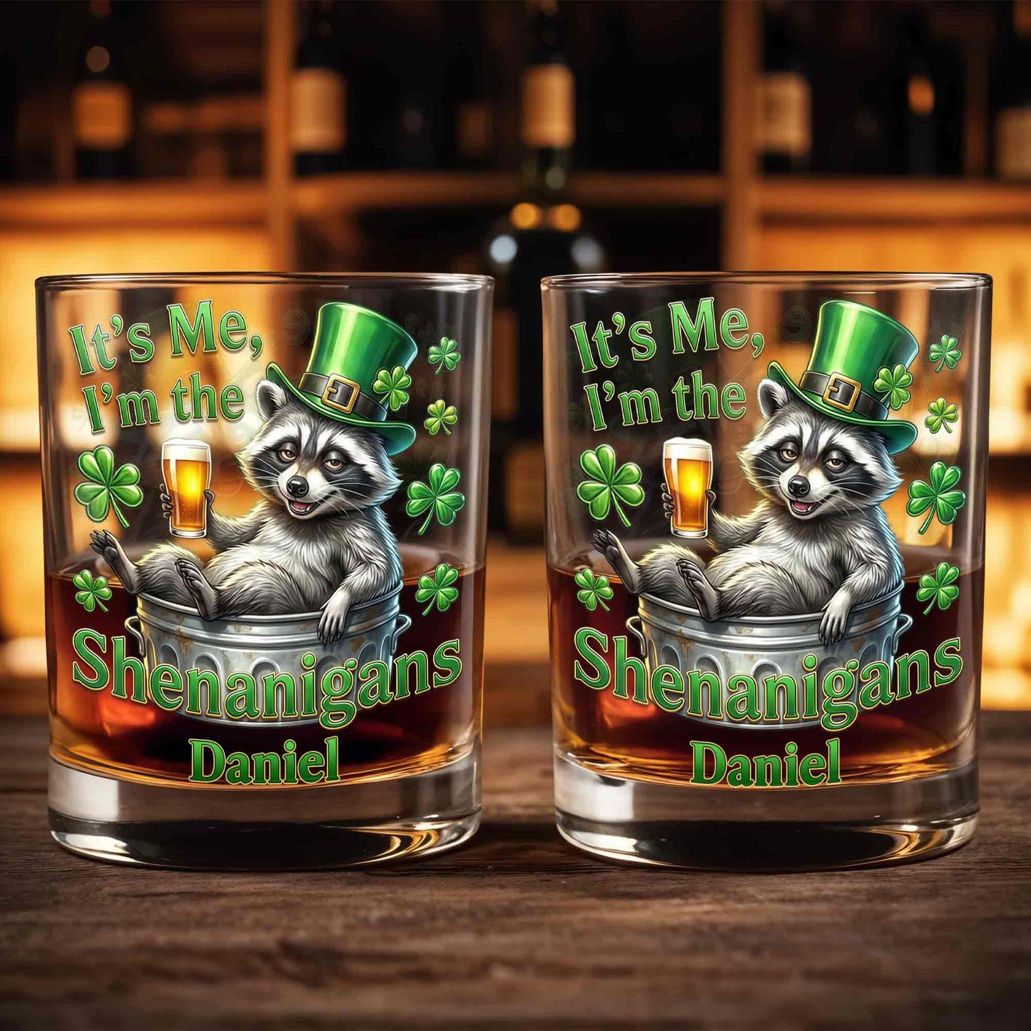 It's Me, I'm The Shenanigans Raccoon Leprechaun Hat Clovers - Personalized Custom Whiskey Glass - FAM801_RWG