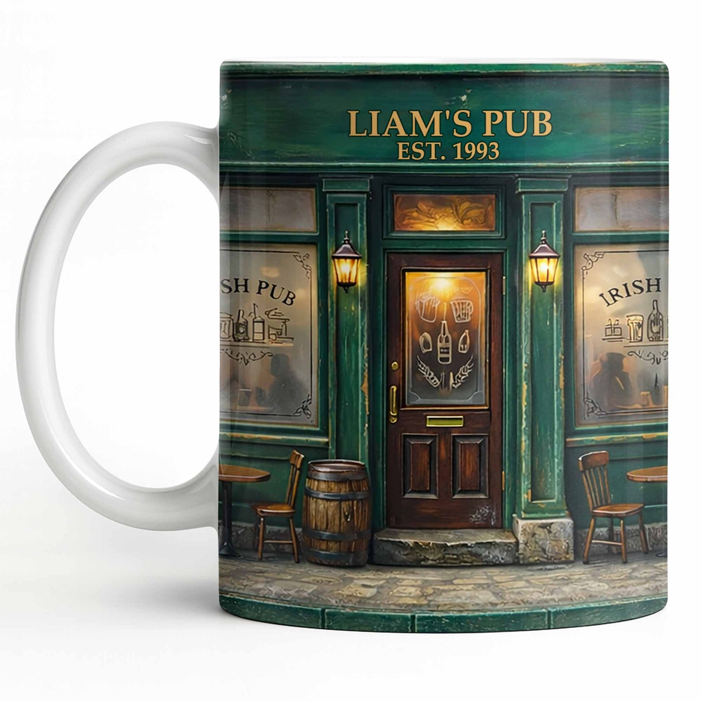 Our Pub Featuring Green Irish Pub Storefront With Barrel And Chairs