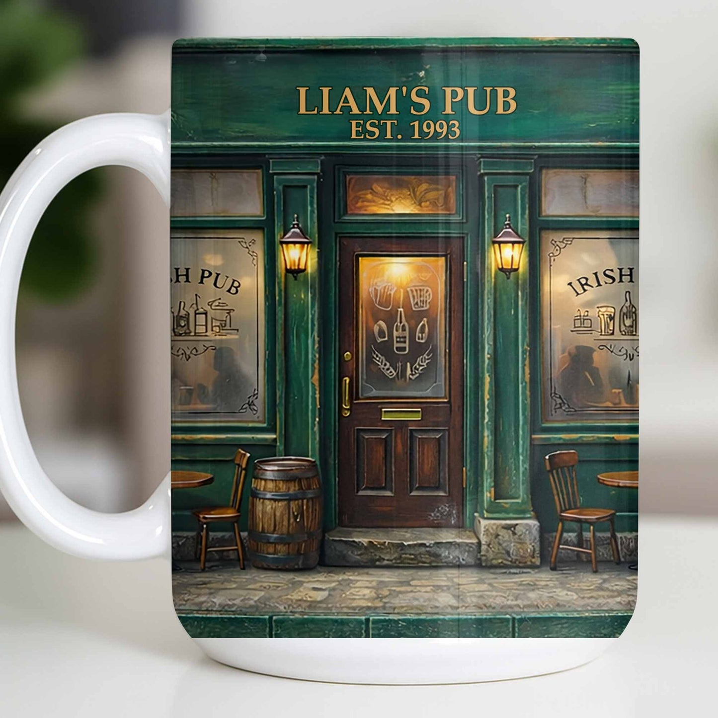Our Pub Featuring Green Irish Pub Storefront With Barrel And Chairs