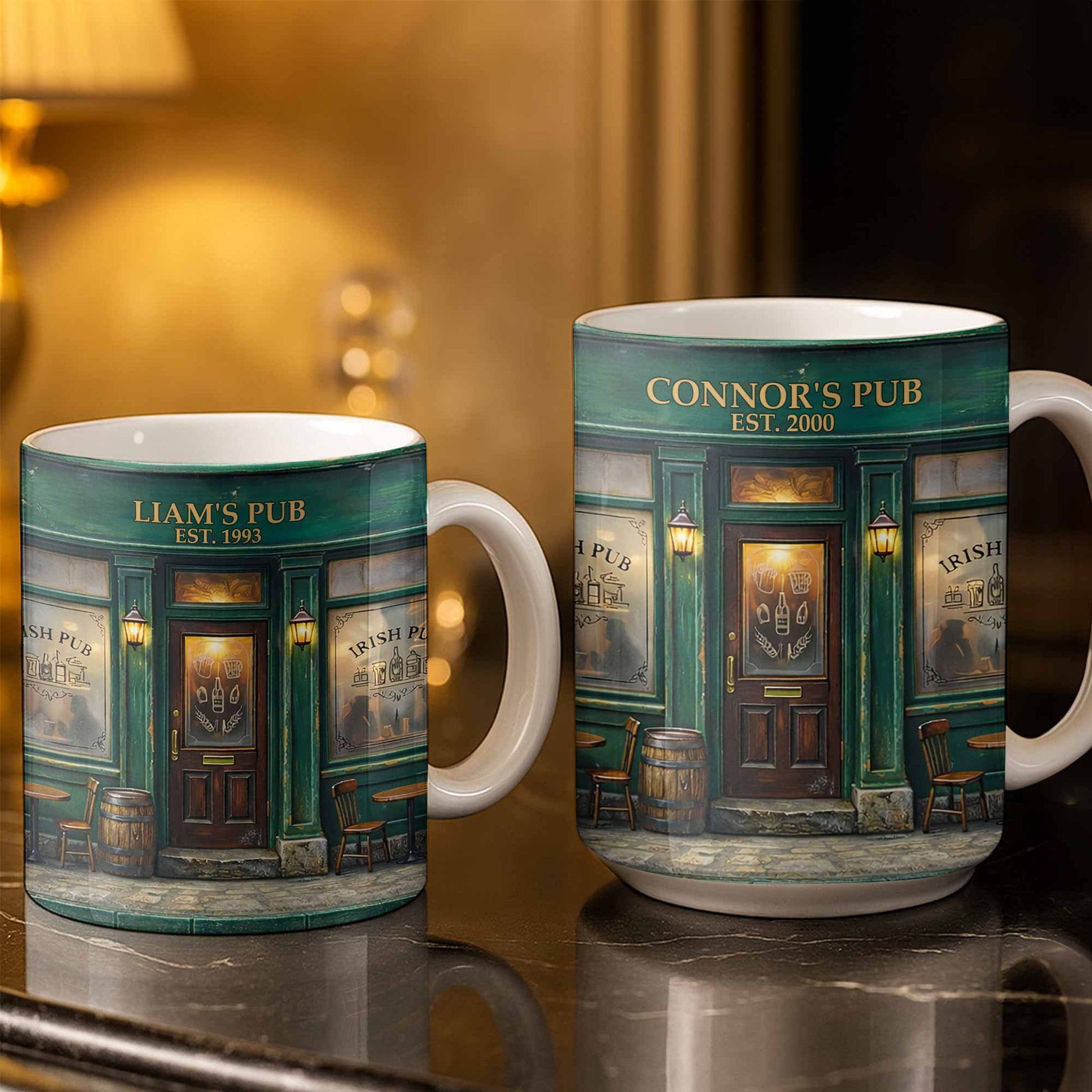 Our Pub Featuring Green Irish Pub Storefront With Barrel And Chairs