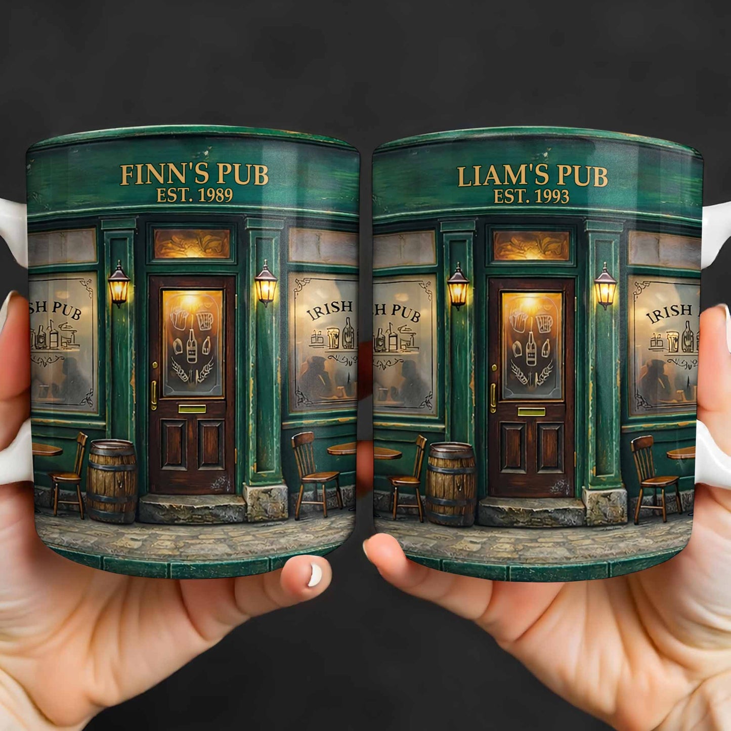 Our Pub Featuring Green Irish Pub Storefront With Barrel And Chairs