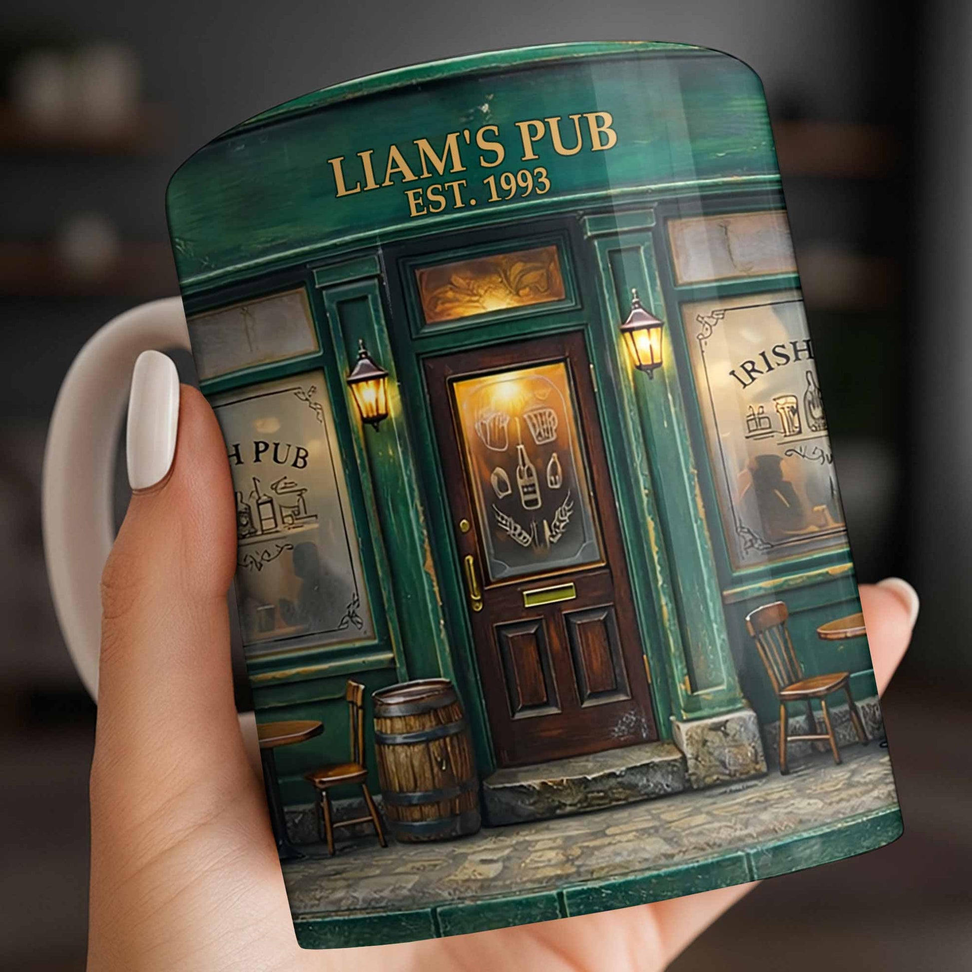 Our Pub Featuring Green Irish Pub Storefront With Barrel And Chairs