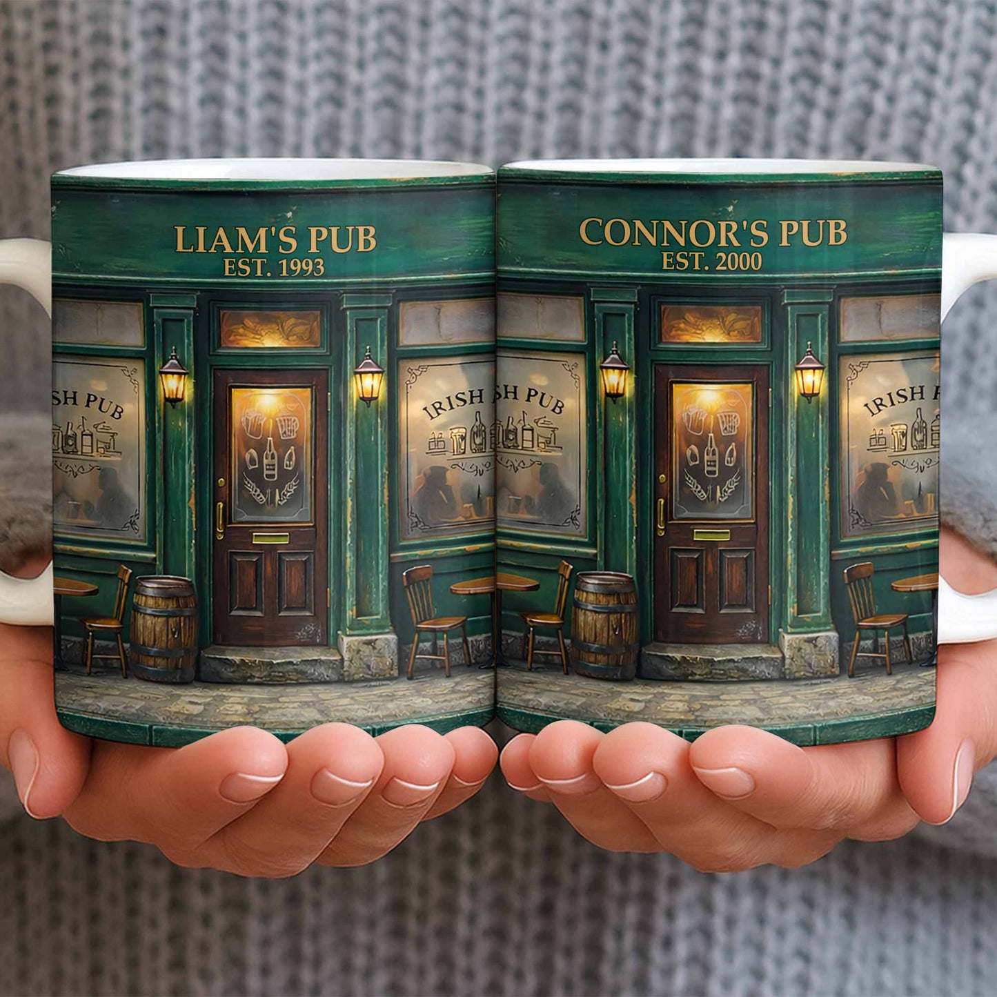 Our Pub Featuring Green Irish Pub Storefront With Barrel And Chairs