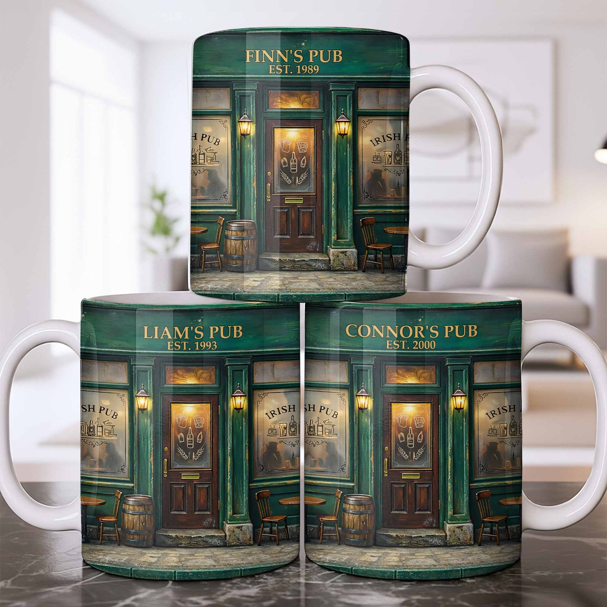 Our Pub Featuring Green Irish Pub Storefront With Barrel And Chairs
