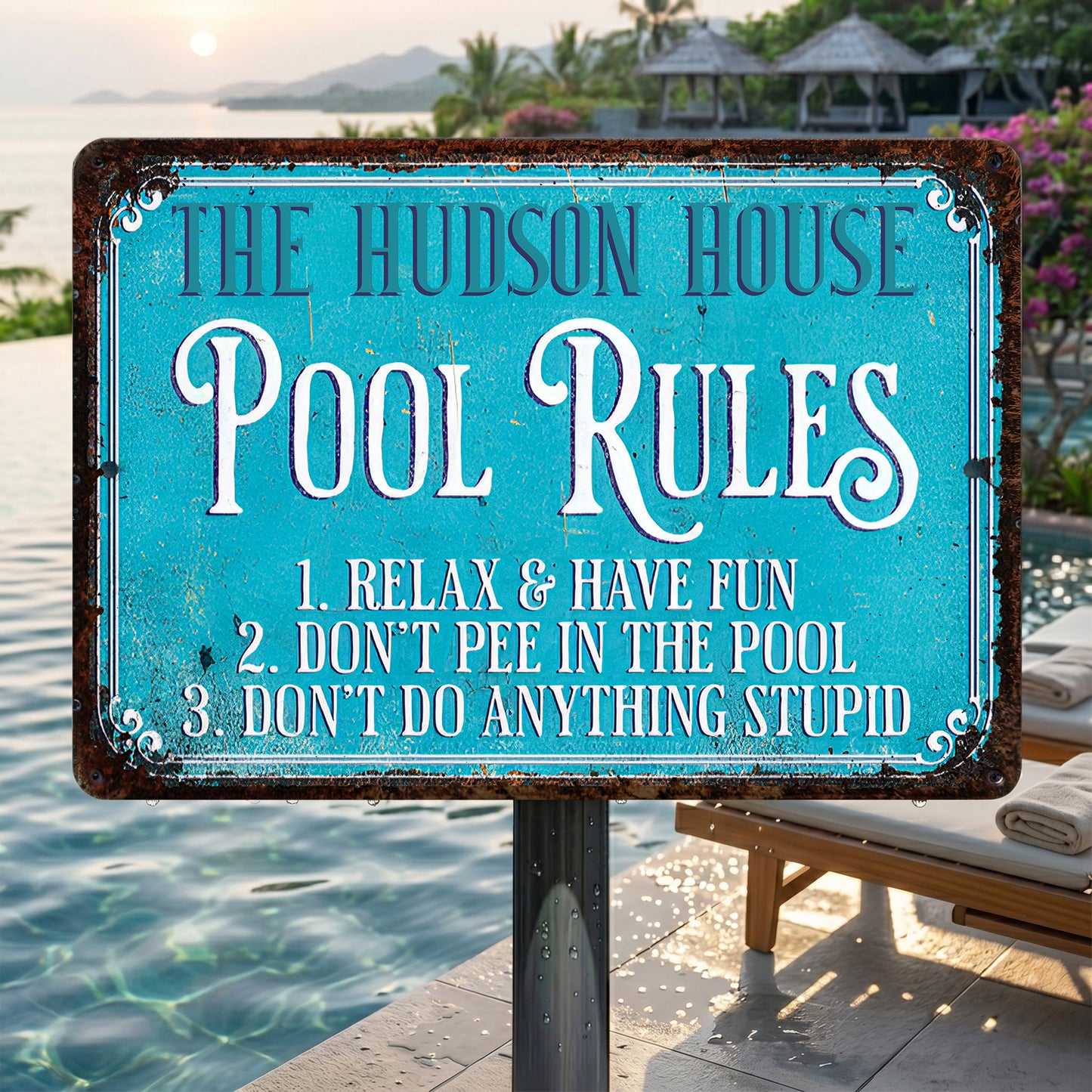 Pool Rules Relax Have Fun Custom Family Name Poolside Sign - Personalized Metal Sign - FAM856_MSIGN