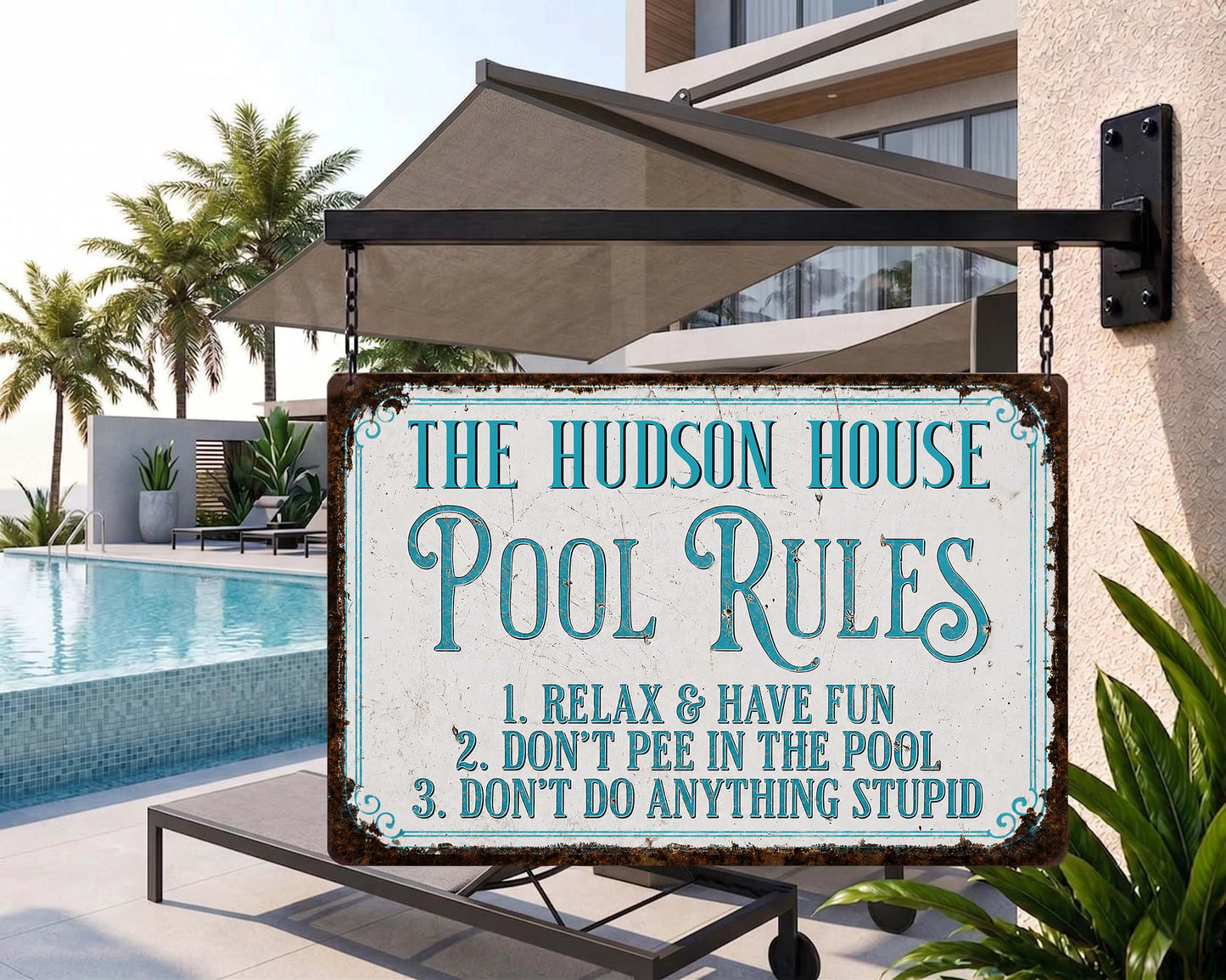 Pool Rules Relax Have Fun Custom Family Name Poolside Sign - Personalized Metal Sign - FAM856_MSIGN